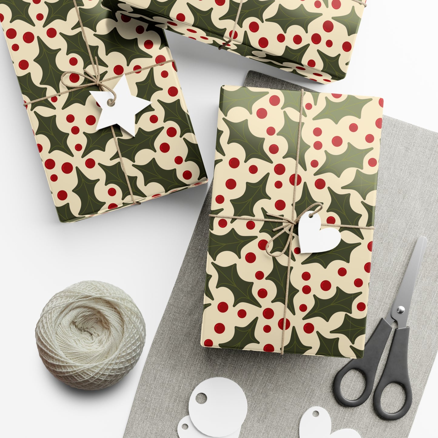 Festive Holiday Artisan Gift Wrap with Holly and Berries Pattern