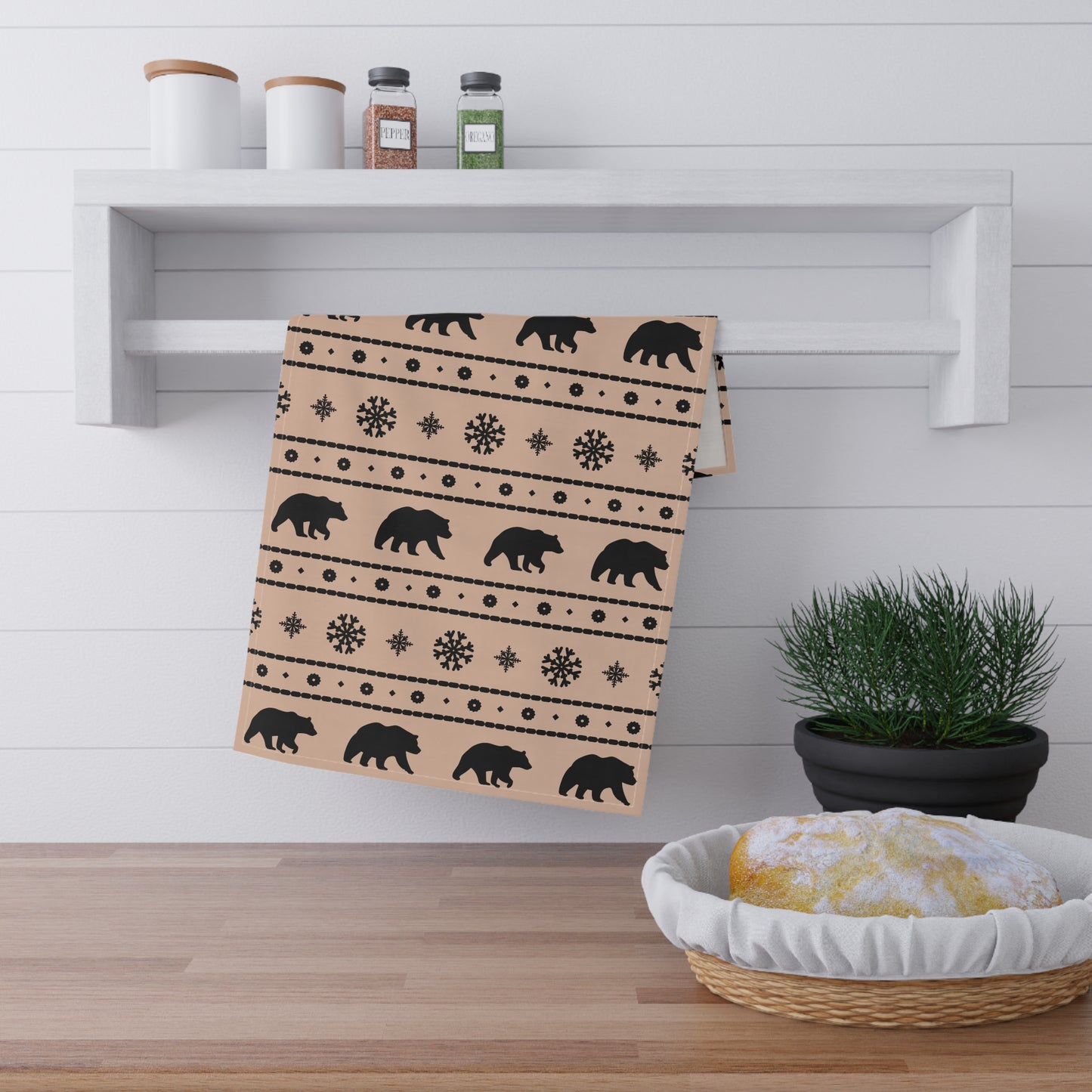 Rustic Bear & Snowflake Tea Towel - Cozy Cotton Kitchen Decor