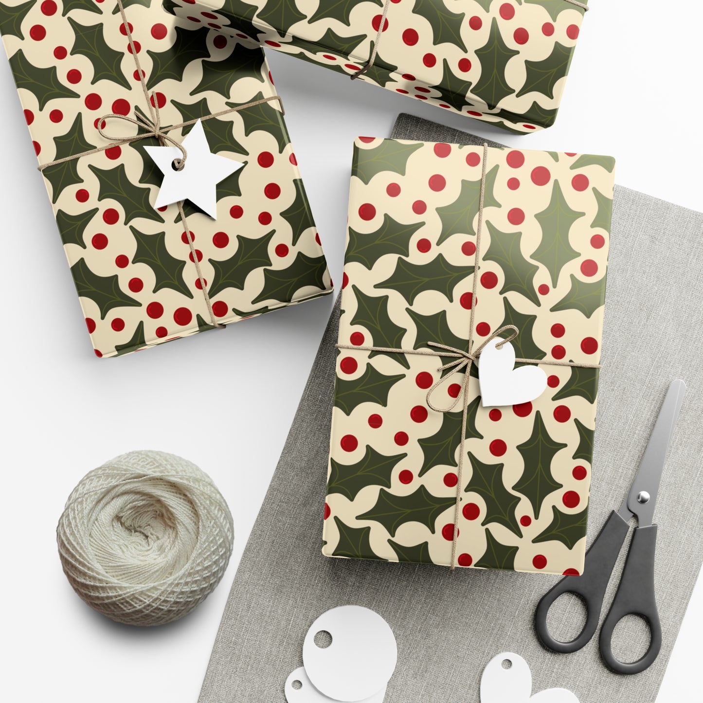 Festive Holiday Artisan Gift Wrap with Holly and Berries Pattern