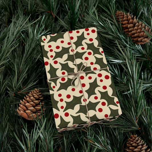 Festive Holiday Artisan Gift Wrap with Holly and Berries Pattern