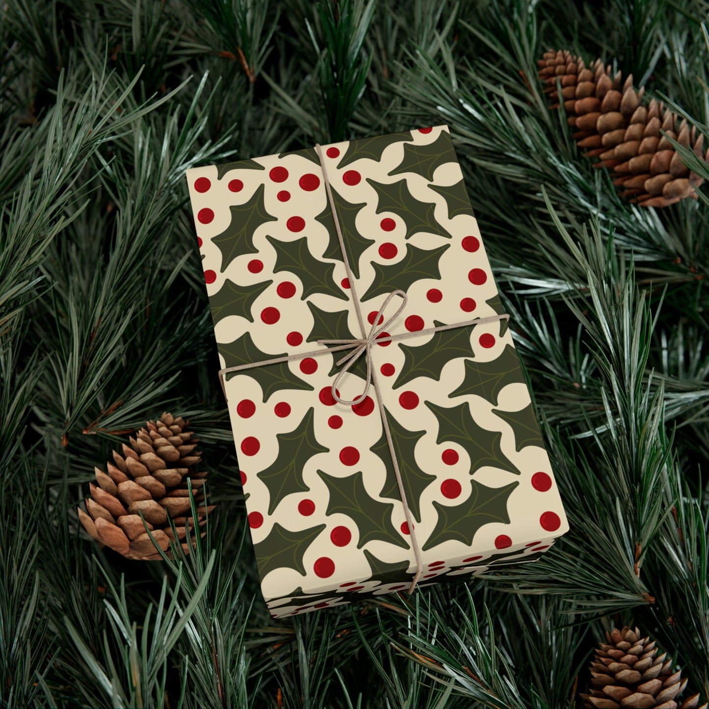 Festive Holiday Artisan Gift Wrap with Holly and Berries Pattern